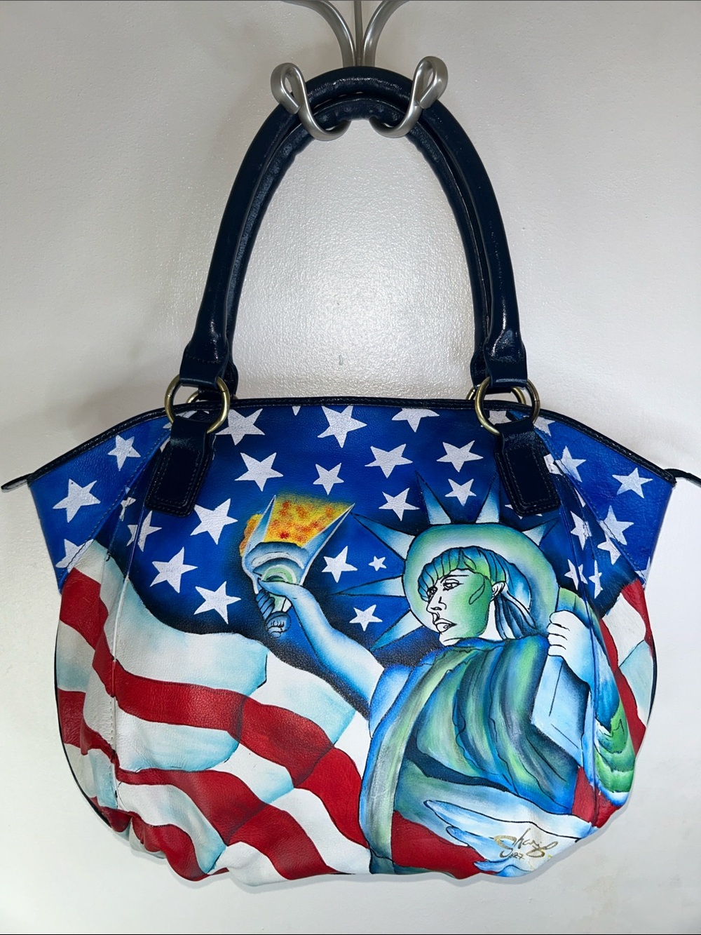 NWOT Genuine Leather Hand Painted Patriotic Theme Shoulder Satchel Hobo Handbag